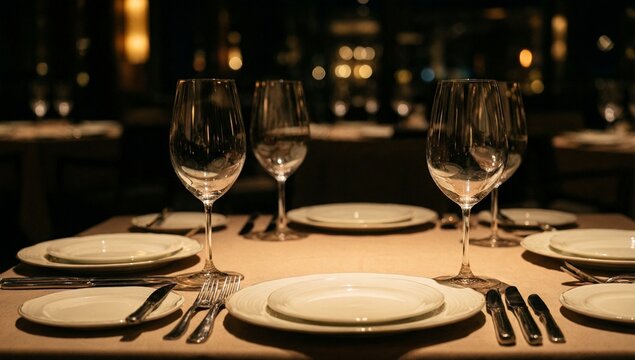 A beautifully set dining table with white plates and wine glasses under warm ambient lighting, evoking a luxurious restaurant atmosphere.