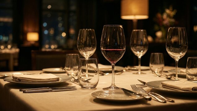 A beautifully set dining table with wine glasses, cutlery, and soft lighting in an elegant restaurant setting.