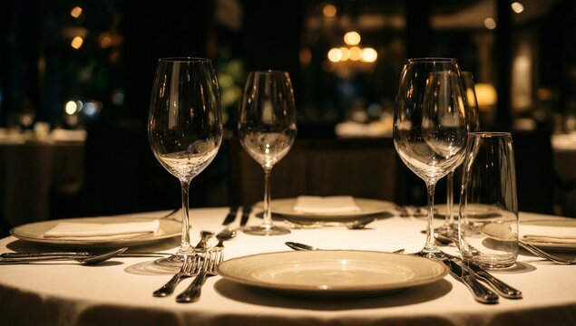 A beautifully set dining table with elegant glassware and cutlery under warm ambient lighting, evoking a luxurious restaurant atmosphere.