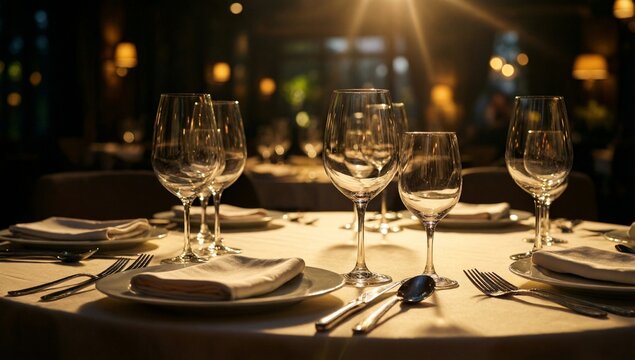 A beautifully set dining table in a dimly lit restaurant with elegant glassware and soft lighting, creating a warm and inviting atmosphere.