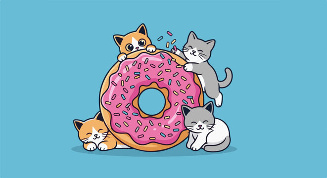 Adorable cartoon cats interacting with a large, pink-frosted donut adorned with colorful sprinkles on a blue backdrop