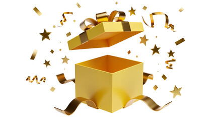 Golden gift box with ribbon and confetti, isolated on transparent background