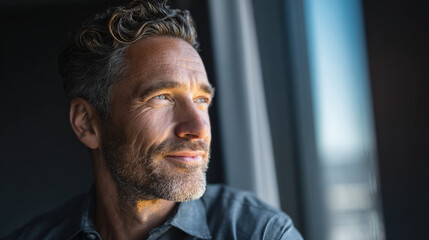 Obraz premium Contemplative man gazing out window urban office portrait photography natural light warm atmosphere self-reflection