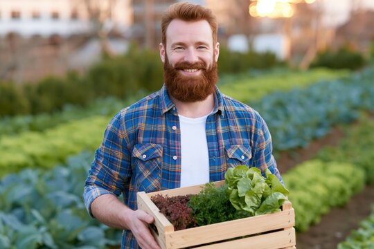 Bearded Gardener with Harvest: A smiling, bearded gardener holds a wooden crate filled with fresh, vibrant produce in his garden. This image reflects the joy of harvest and connection with the earth.