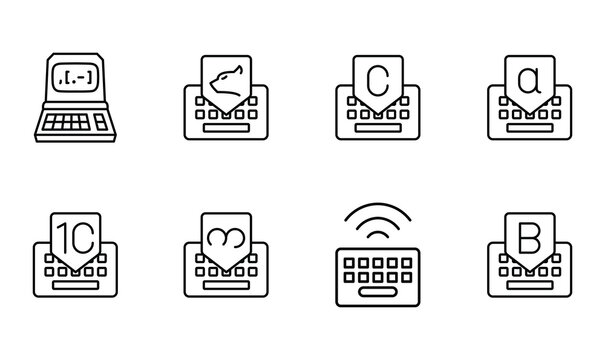 Set of black outline icons representing keyboards with different symbols and characters on screens, technology symbols for communication and data entry, representing computer input devices, vector ill