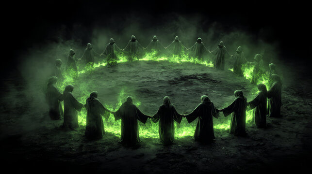 Mysterious ritual gathering dark realm digital art eerie environment aerial view sorcery concept