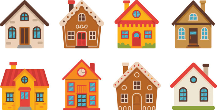 Cute Cartoon House Icon Set with Colorful Tiny Cottages Gingerbread Houses and Residential Buildings for Real Estate and Neighborhood Designs