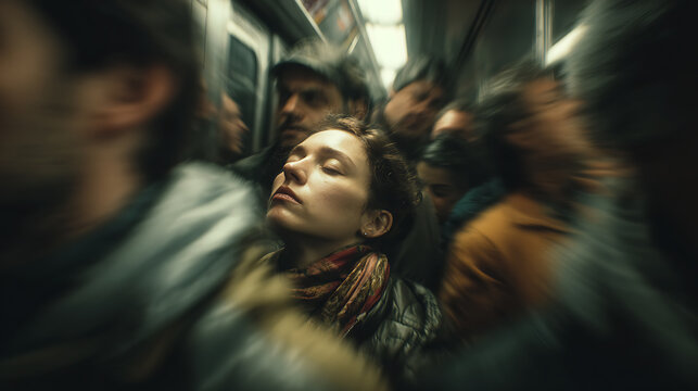 Overwhelmed woman in crowded subway symbolizes anxiety, sensory overload, urban stress, emotional exhaustion, panic, and the struggle for inner calm amid chaos and modern city pressure