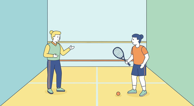 Two women playing squash inside an indoor court