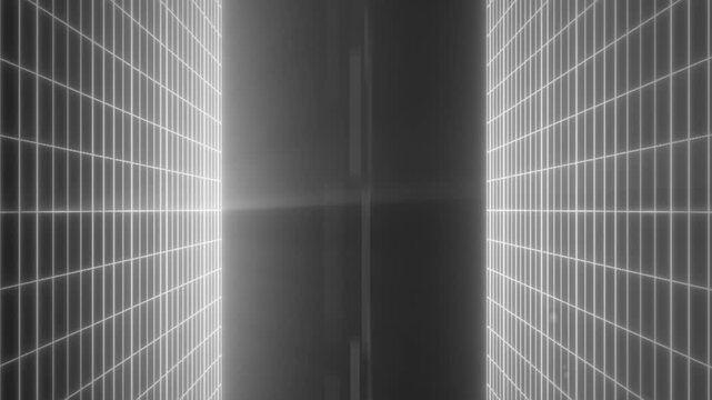 Futuristic monochrome grid room with glowing lines and deep perspective