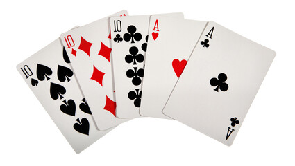 Five playing cards including two Aces and three Tens, isolated on transparent background © Adrian