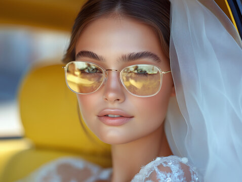 Elegant bridal portrait of a modern bride wearing stylish sunglasses and delicate veil inside a vintage car. Luxury wedding fashion concept for editorial and advertising use.
