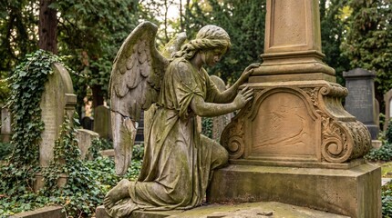Naklejka premium Angel statue with broken wing kneeling by gravestone in cemetery 