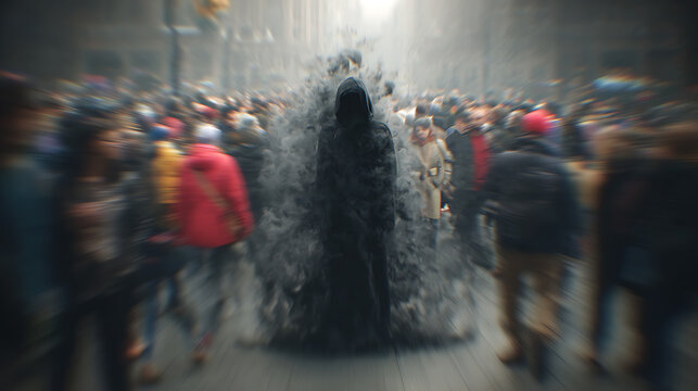 Dark isolated figure dissolving in crowded city symbolizes depression, social anxiety, loneliness, emotional invisibility, mental health struggles, and alienation in overwhelming modern society