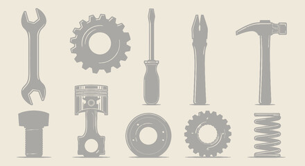 Fototapeta premium Industrial Hardware Mechanical Tools and Engine Components Vector