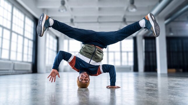 Breakdancer performing headspin on floor in urban studio setting  