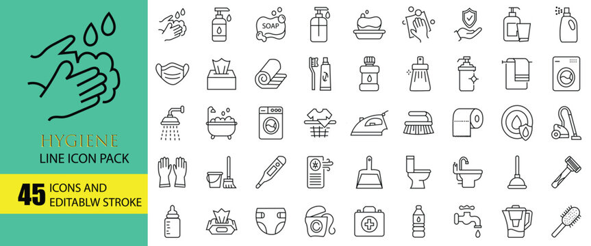 Hygiene line icon pack vector set for personal care and cleaning maintenance with editable stroke including laundry bathroom accessories medical protection hand washing and household objects.