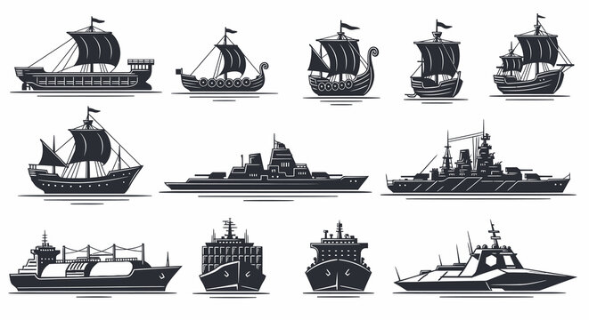 Historical Sailing Ships and Modern Naval Vessel Silhouettes