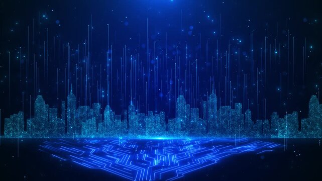 Blue digital circuit city glowing platform paths, vertical data lights, futuristic skyline, dark technology space. Perfect for smart city videos, AI intros, software promos, and corporate overlays.