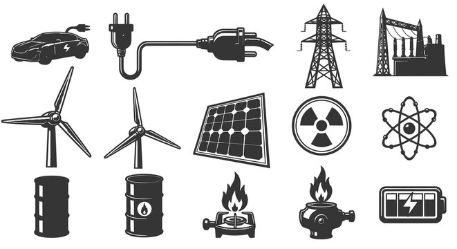 Renewable and Industrial Energy Power Resource Vector Icon Set