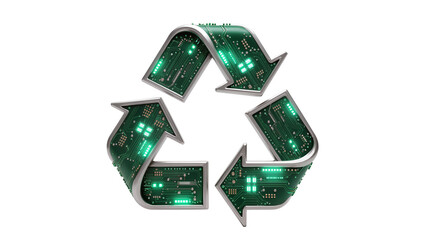 Green circuit board recycling symbol with glowing lights, isolated on transparent background © Adrian