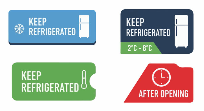 Four colored labels instructing refrigeration, temperature, and time