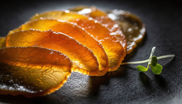 Translucent sliced Bottarga cured mullet roe with glowing amber texture