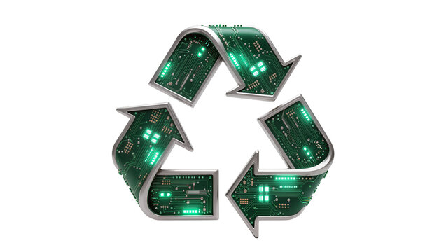 Green circuit board recycling symbol with glowing lights, isolated on transparent background