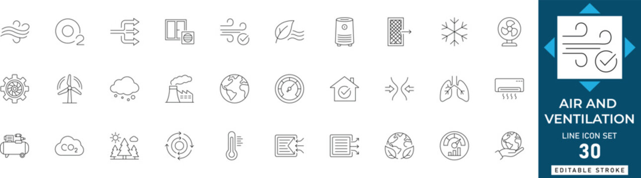 Air ventilation line icon set featuring HVAC, cooling, airflow, fan, vent, air conditioning, and filtration. Professional editable vector illustration for home and office systems.