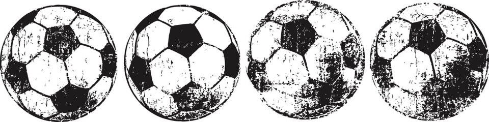 Naklejka premium four vintage black and white distressed soccer balls in a row on transparent background