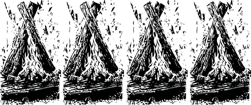 Four burning campfires outdoors with logs stacked for bonfires and smoke rising