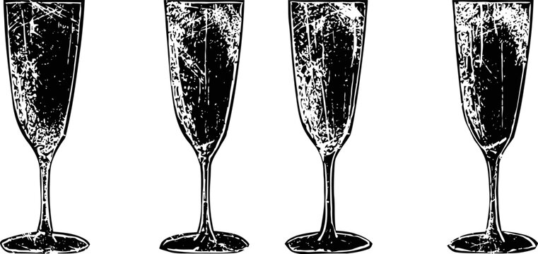 Four elegant champagne glasses with bubbles celebration and party drinkware illustration set