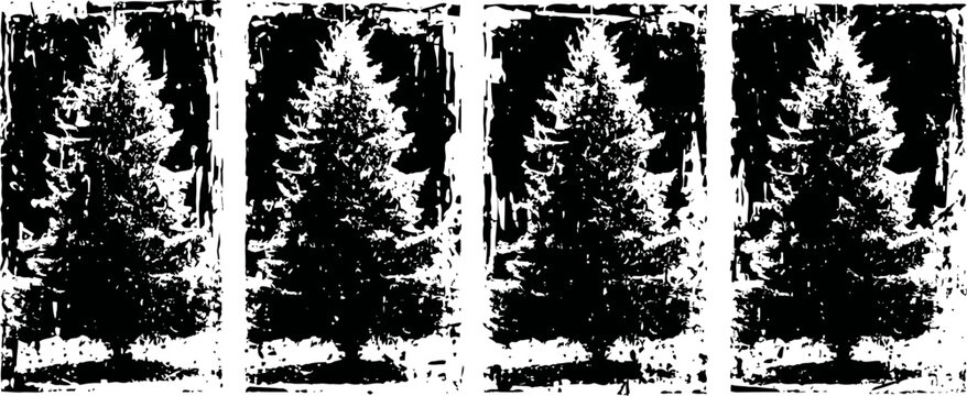 four black and white pine tree silhouettes arranged vertically with textured background