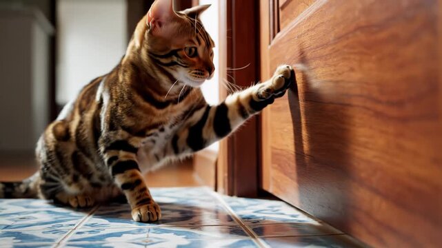 A beautiful bengal cat sniffing the edge of a wooden door frame on a blue and white tiled floor