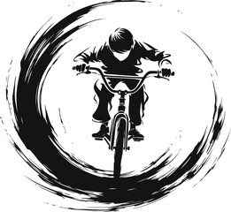 Naklejka premium Boy riding bmx bike in dynamic circular brushstroke design, extreme sports and motion concept