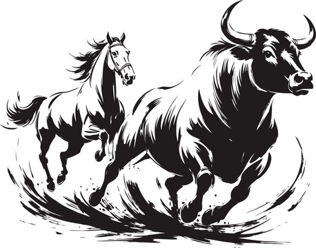 Black and white illustration of a charging bull and a running horse in dynamic motion
