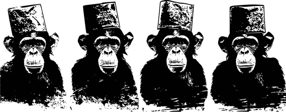 Four chimpanzees wearing top hats in black and white silhouette style, vintage animal illustration