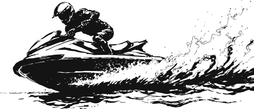 black and white illustration of man riding fast jet ski on water with powerful water splash