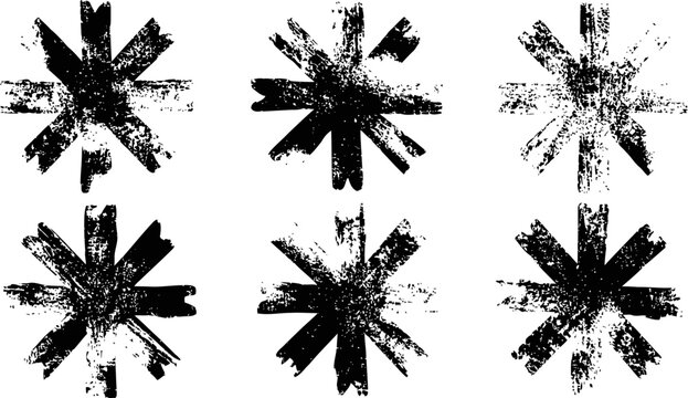 Grunge asterisk symbols set distressed black star icons collection with rough texture isolated on white background