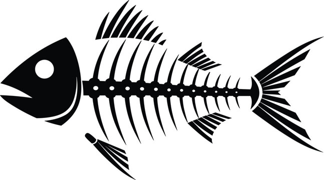 Black fish bone skeleton silhouette illustration isolated on white background for seafood restaurant waste pollution anatomy or dead animal concept