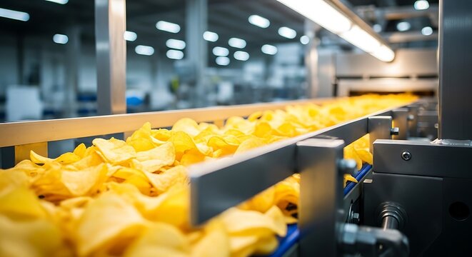 Delicious potato chips move along an automated conveyor belt in a food processing factory production line