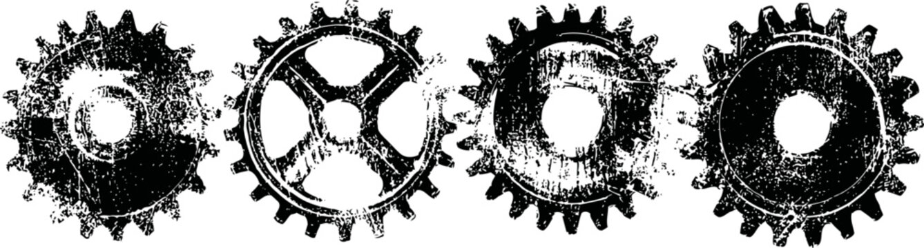 Black grunge gear set four distressed mechanical cogwheels with textured details vintage industrial design elements