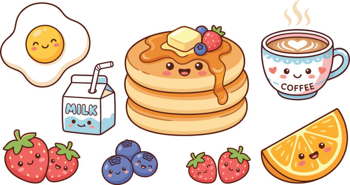 A premium set of high quality cute kawaii breakfast food characters featuring a stack of pancakes with syrup fried egg coffee milk and assorted fruits isolated on a white background