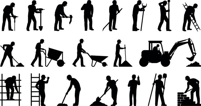 Black silhouette set of construction workers performing various building tasks with tools and heavy machinery isolated on white vector background
