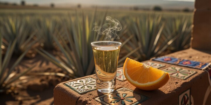 A clear shot glass filled with golden tequila and a fresh orange slice sit on a terracotta structure with colorful tile inlays amidst a field of agave plants under warm, golden