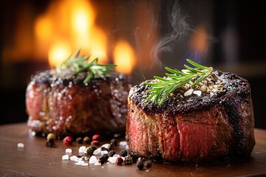 Two perfectly grilled beef steaks, seasoned with rosemary, salt, and pepper, steaming on a wooden board with a warm, blurred fireplace background.