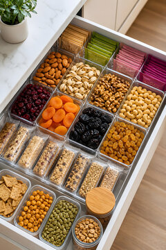 Neatly organized snack drawer with nuts and healthy food storage containers
