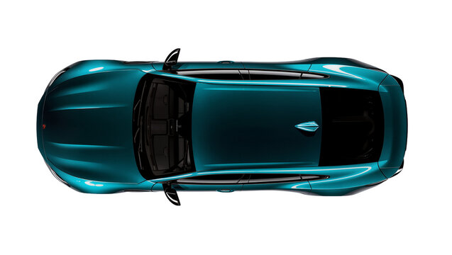 Teal metallic modern sedan car with black tinted windows, isolated on transparent background