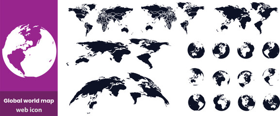 Global world map outline black and white detailed landmass shapes continent geography planet earth silhouette © sariful