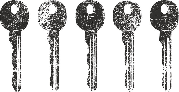vintage grunge keys set in black silhouette with distressed texture retro door keys in linear arrangement